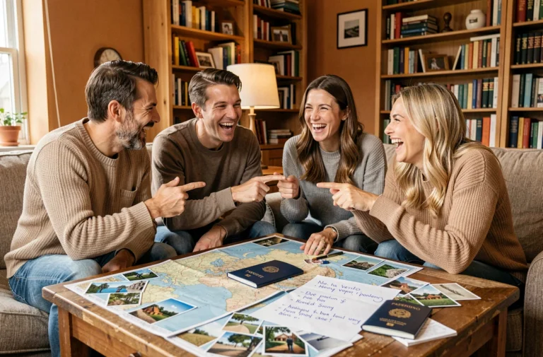 Groupe d'amis joyeux réunis autour d'une table avec cartes de voyage et messages humoristiques de bon voyage