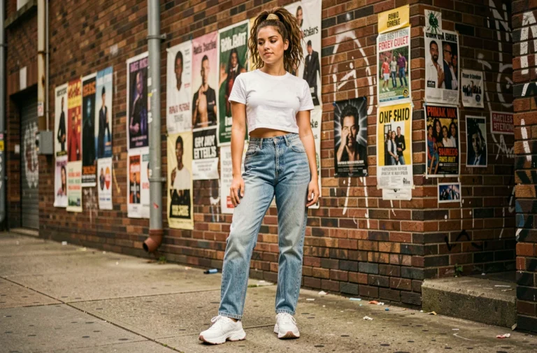 Jeune femme en tenue emblématique des années 90 avec jean taille haute et baby tee blanc dans un décor urbain vintage
