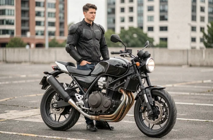 Jeune motard en veste noire debout à côté d'une moto de catégorie A2 dans un parking urbain