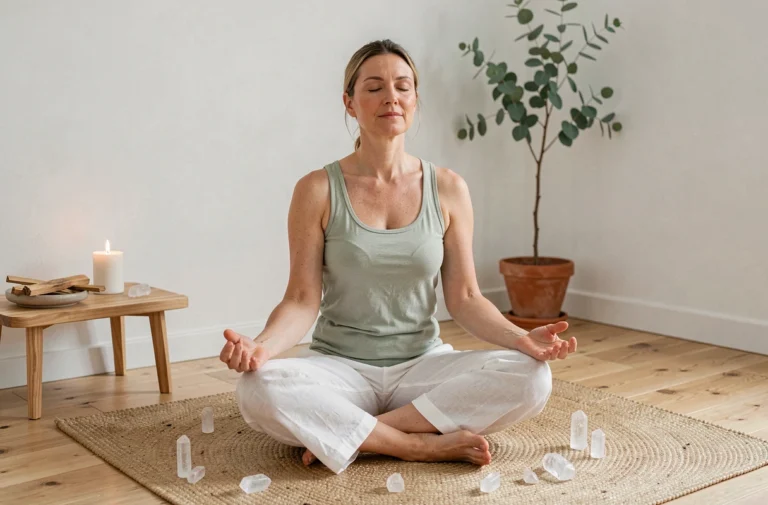 Femme en méditation assise sur un parquet en bois entourée de cristaux de sélénite et de bâtons de palo santo pour un nettoyage énergétique du corps