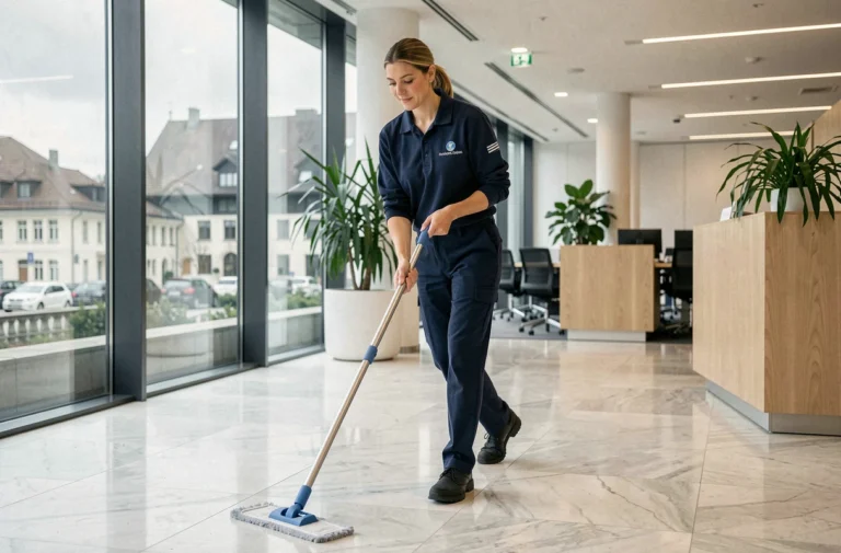 Technicienne de nettoyage professionnelle entretenant le sol en marbre d'un hall d'entreprise moderne en Suisse romande
