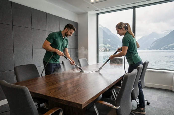 Équipe de nettoyage professionnelle entretenant la salle de conférence d'un centre d'affaires à Lausanne au bord du lac Léman