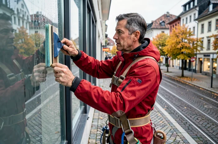 Professionnel du nettoyage de vitres en façade d'un immeuble urbain en Suisse romande en automne avec harnais de sécurité