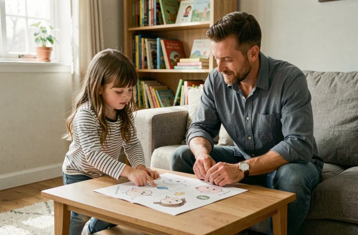 Un père et sa fille consultent ensemble un tableau des émotions pour nommer les ressentis avec un vocabulaire précis