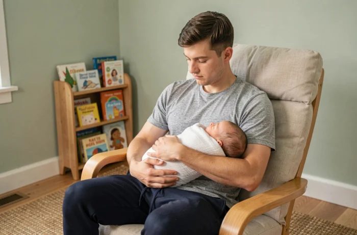 Jeune père tenant tendrement son nouveau-né dans un rocking chair dans une chambre de bébé apaisante