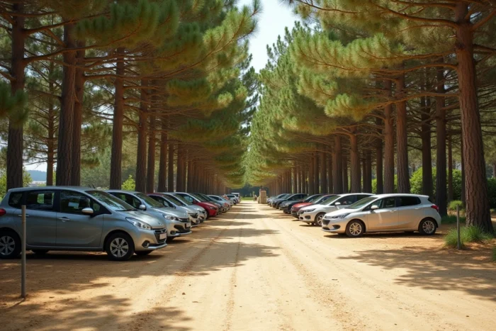 Parking gratuit en plein air sous les pins maritimes en bordure d'Arcachon