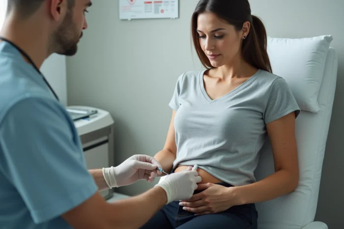 Patiente recevant une injection minceur abdominale dans une clinique médicale