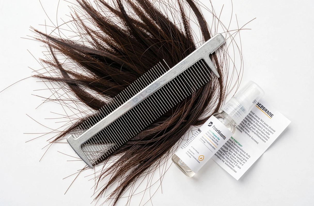Vue rapprochée d'un peigne anti-poux en métal posé sur des mèches de cheveux avec un spray de traitement