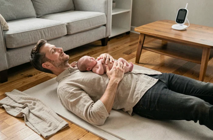 Père en peau à peau avec son nouveau-né de 3 semaines sur un tapis de jeu, routine et rythme du bébé