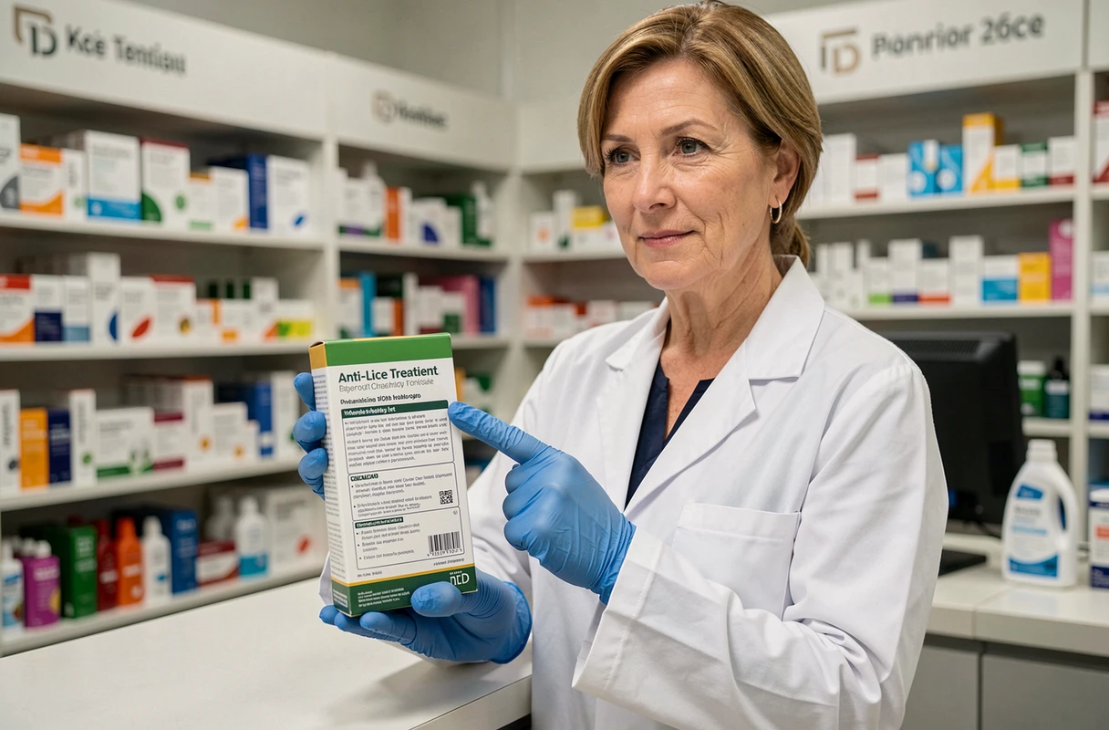Pharmacienne tenant un traitement anti-poux et expliquant les instructions à une cliente