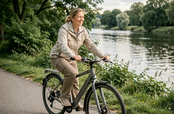 Femme à vélo sur une piste cyclable le long du Rhin dans la communauté de communes
