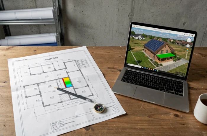 Plan architectural et Google Earth affichant une analyse d'ensoleillement de toiture posés sur une table de studio d'architecture