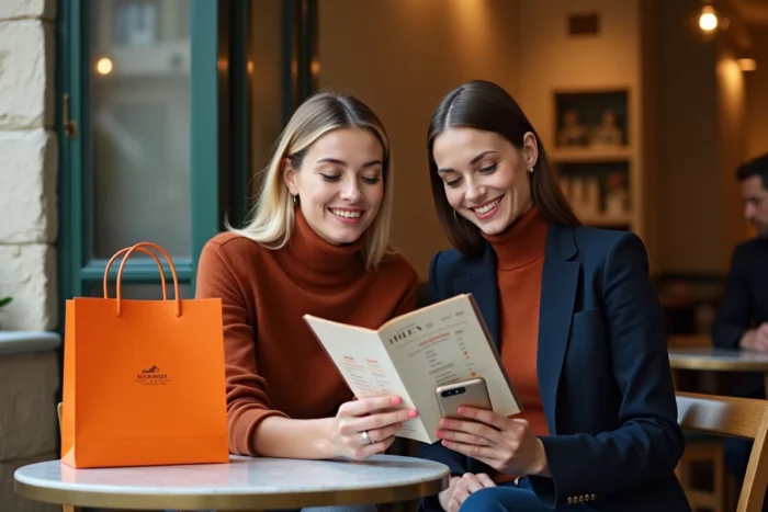 Deux femmes planifiant leurs achats lors des soldes Hermès dans un café parisien
