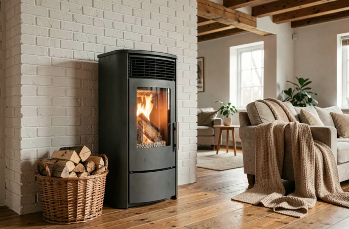 Poêle à pellets moderne en fonte anthracite installé dans un salon cosy avec parquet en bois et mur en briques blanches