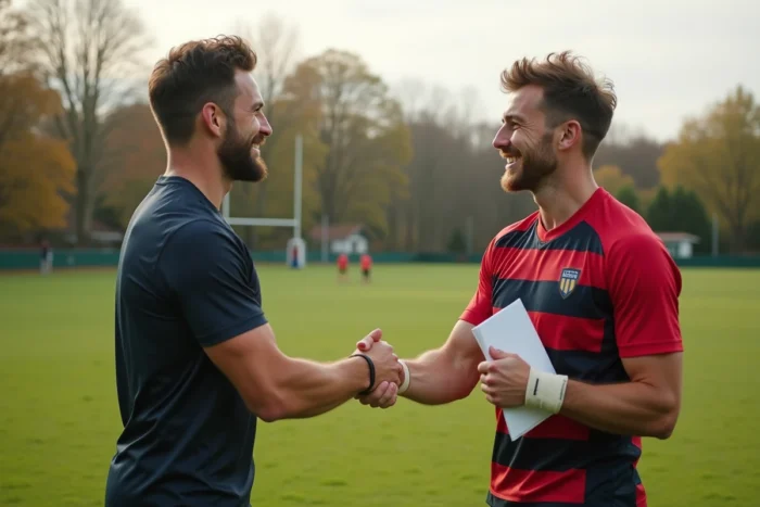 Deux joueurs de rugby amateurs échangeant une poignée de main lors d'une mutation de club sur un terrain en Haute-Loire