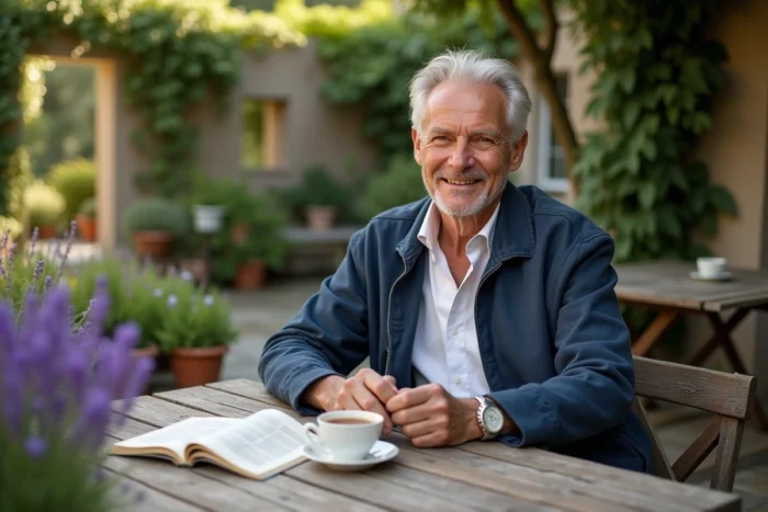 Portrait intimiste de Stéphane Marie jardinier sur sa terrasse avec des livres de jardinage