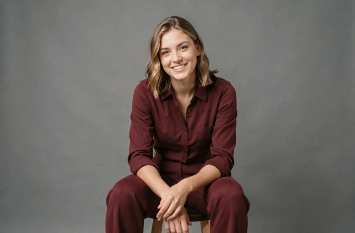 Portrait studio professionnel de Florence Angle Droit, streameuse au parcours inspirant, fond gris neutre