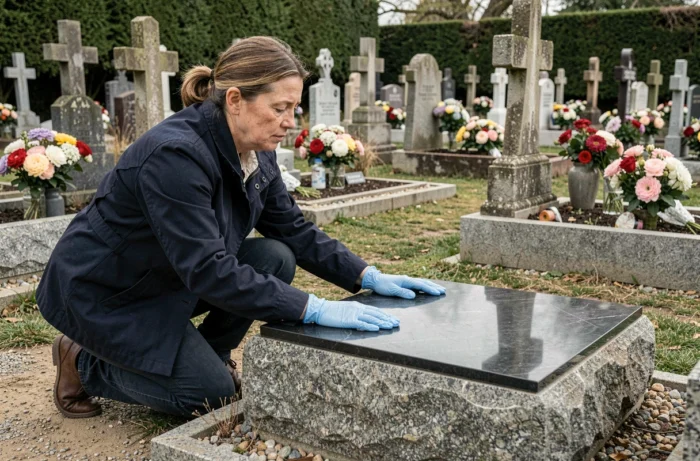 Femme posant et fixant une plaque en marbre noir sur une pierre tombale en granit dans un cimetière entretenu