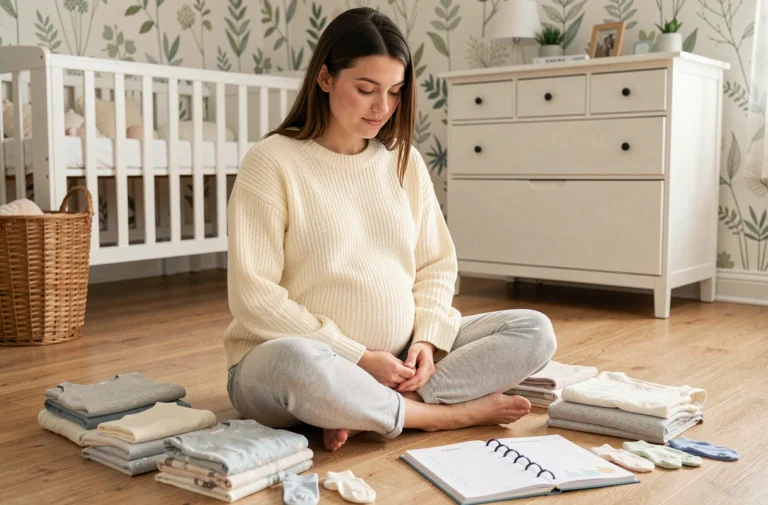 Future maman organisée assise sur le sol d'une chambre de bébé scandinave, entourée de vêtements et d'une liste de naissance