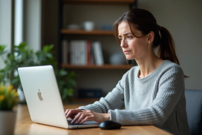 Femme frustrée face à une erreur de connexion sur son espace client MyFoncia depuis un ordinateur portable à domicile