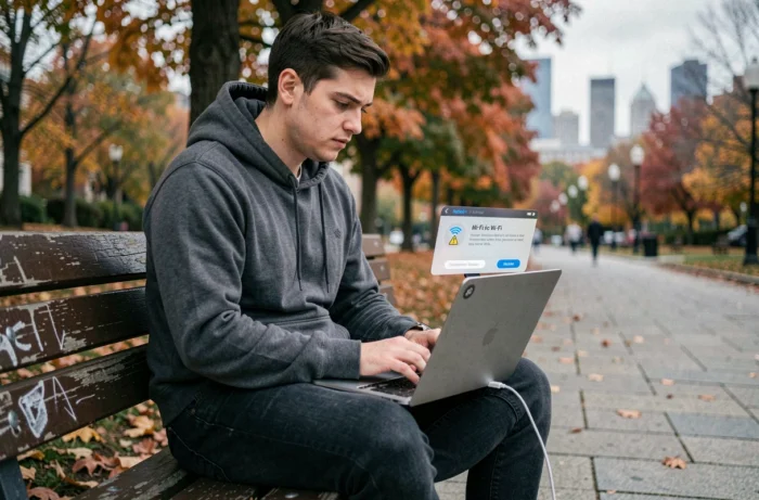 Jeune adulte en parc urbain protégeant sa connexion Wi-Fi publique sur un ordinateur portable en extérieur