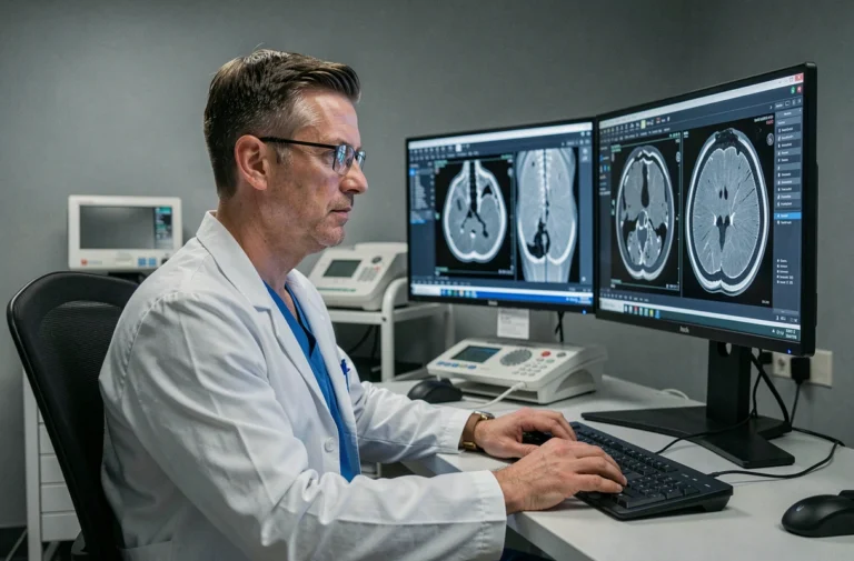 Radiologue consultant des images médicales numériques sur un poste de travail spécialisé avec doubles écrans affichant des IRM et radiographies
