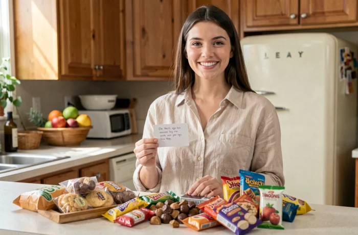 Jeune femme souriante tenant un message gourmand humoristique entourée de snacks dans une cuisine chaleureuse