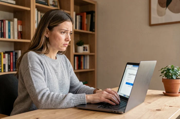 Femme qui réinitialise son mot de passe sur un compte bancaire en ligne depuis son bureau à domicile