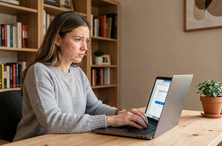 Femme qui réinitialise son mot de passe sur un compte bancaire en ligne depuis son bureau à domicile