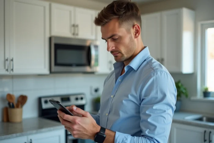Homme consultant son smartphone pour réinitialiser son mot de passe sur l'application MyFoncia dans une cuisine moderne