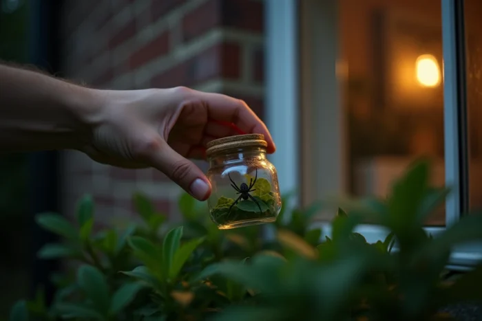Main relâchant une araignée dans le jardin depuis une fenêtre ouverte la nuit