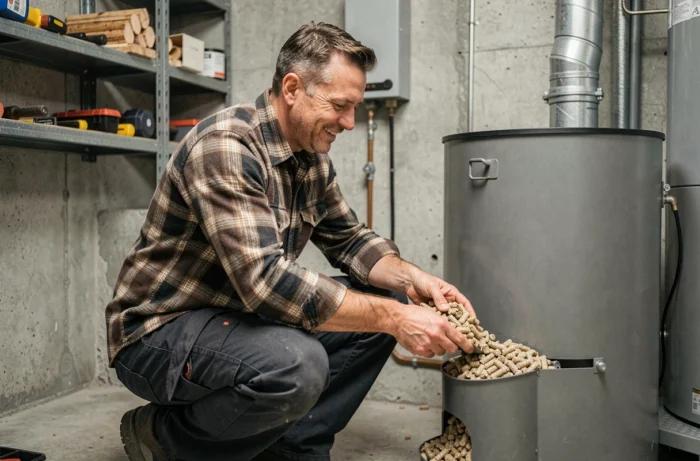 Homme remplissant un silo de stockage de pellets en bois dans une chaufferie domestique avec système d'alimentation automatique