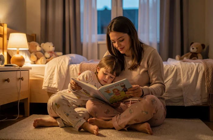 Une mère et son enfant partagent un moment de lecture rituel avant le coucher, renforçant leur connexion parent-enfant