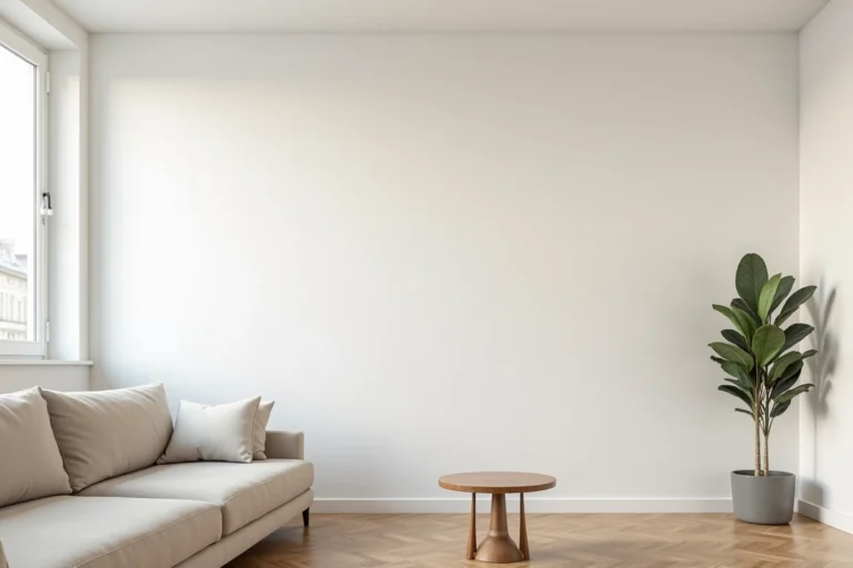 Salon de location meublé avec papier peint blanc intissé posé sur un grand mur, canapé beige et parquet en bois naturel