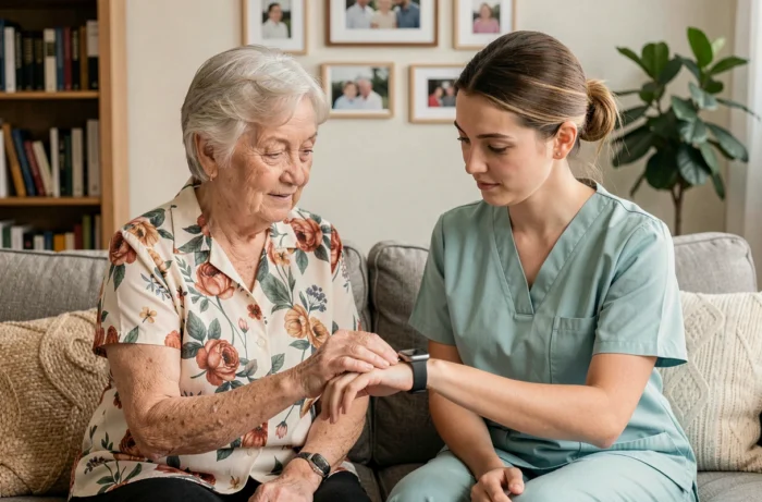 Une senior et une aidante examinent ensemble une montre connectée adaptée aux personnes âgées dans un salon chaleureux, illustrant l'accompagnement technologique au quotidien