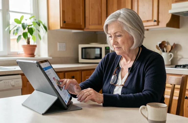Une femme senior aux cheveux argentés utilise une tablette numérique adaptée dans sa cuisine, illustrant les solutions technologiques pour faciliter le quotidien des personnes âgées