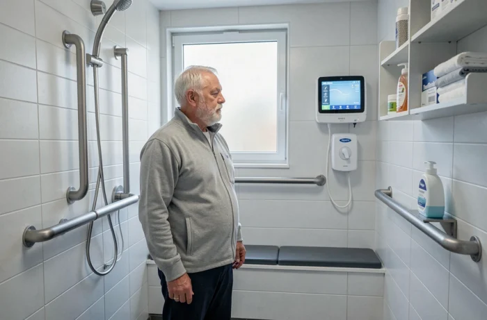 Un homme âgé dans une salle de bain équipée d'aménagements adaptés et d'un rappel médicament numérique, représentant les solutions innovantes pour l'autonomie des seniors