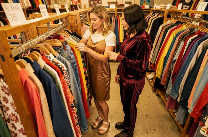 Deux femmes fouillant des vêtements vintage années 90 dans une friperie rétro avec robes à bretelles et survêtement en velours
