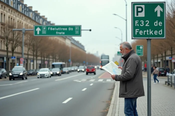 Panneau de signalisation routière indiquant la direction du parking P2 du Stade de France à Saint-Denis