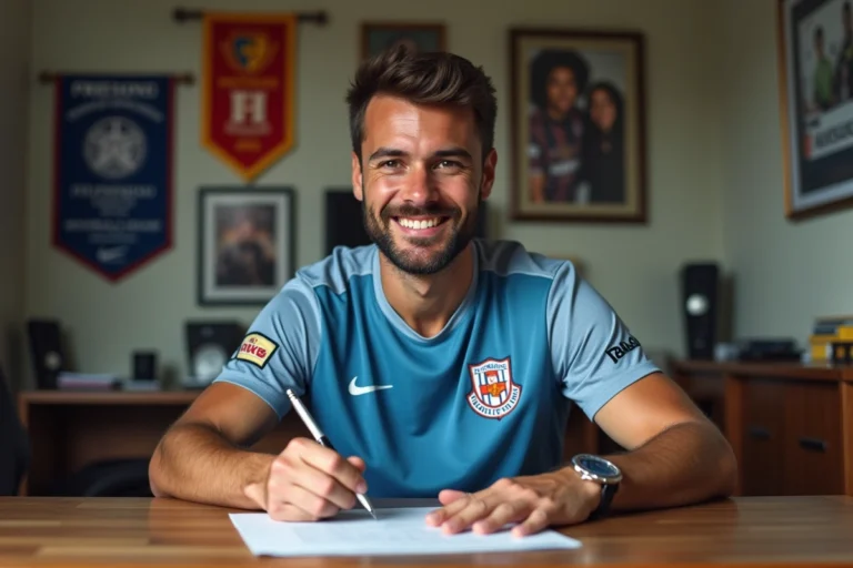 Joueur de football amateur signant des documents de mutation dans un bureau de club sportif en Haute-Loire