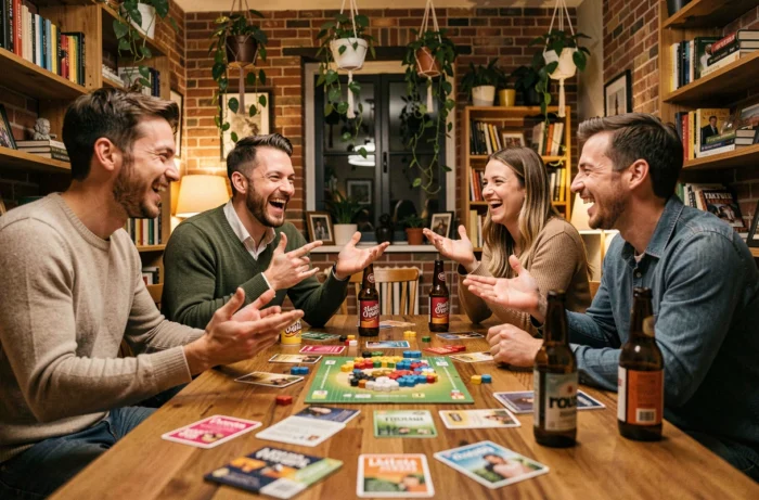 Groupe d'amis jouant à des jeux de société lors d'une soirée conviviale dans un appartement cosy