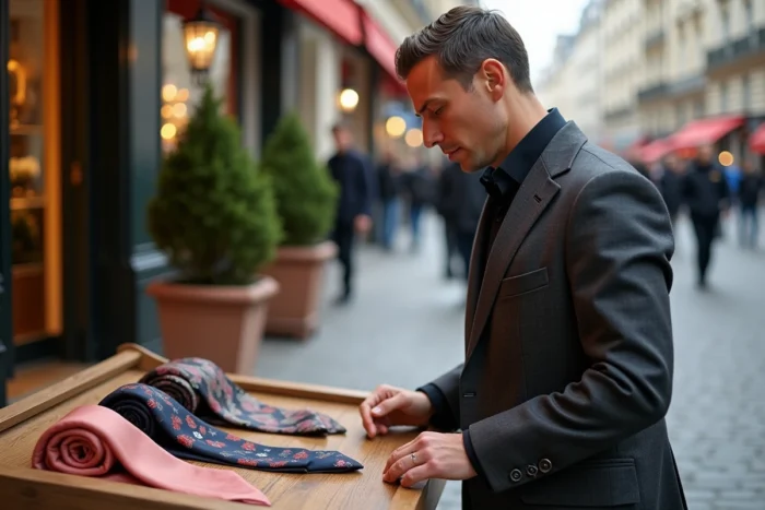 Homme parcourant des accessoires Hermès lors d'un marché de soldes luxe à Paris