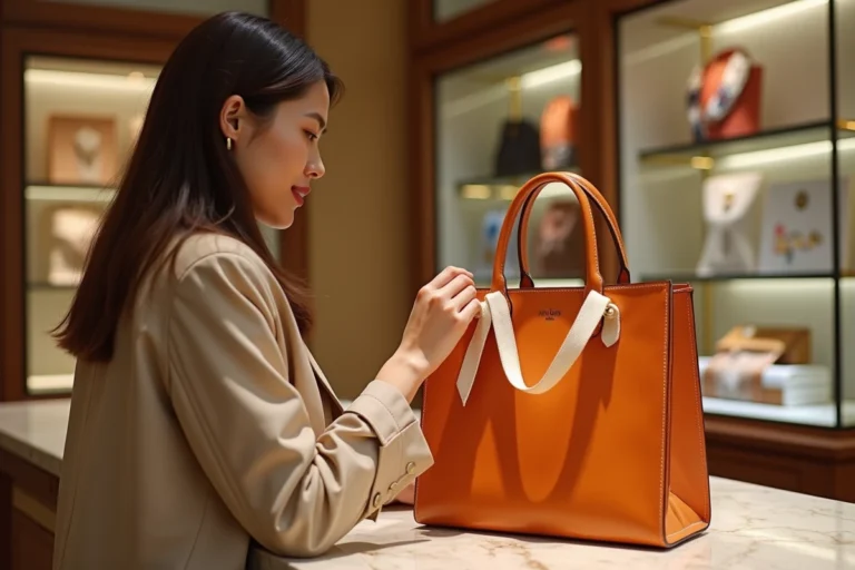 Femme élégante examinant un sac Hermès orange dans une boutique de luxe lors des soldes