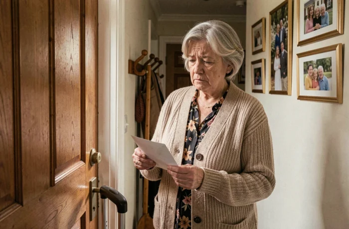 Mère aux traits bienveillants et protecteurs tenant une enveloppe à la porte d'entrée lors d'un départ en voyage