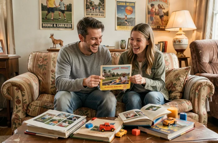 Deux amis d'enfance riant ensemble sur un canapé rétro entourés d'albums photos et de souvenirs kitsch de voyage