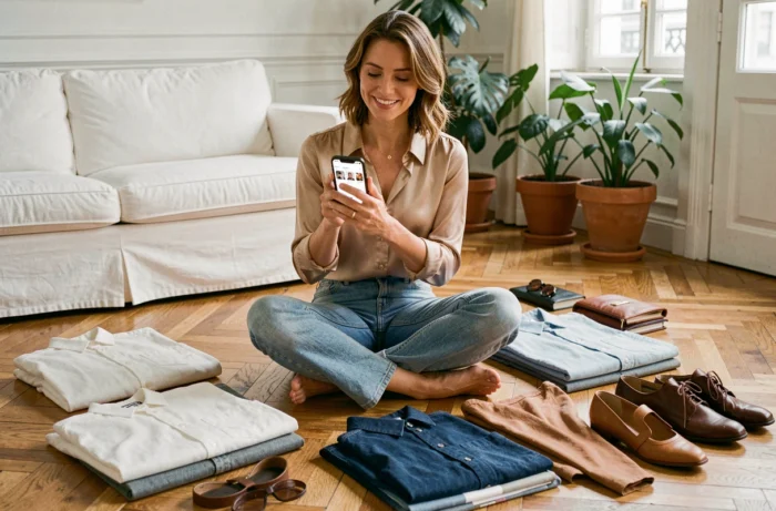 Femme française élégante assise sur un parquet parisien entourée de vêtements de créateurs à revendre sur une application de seconde main
