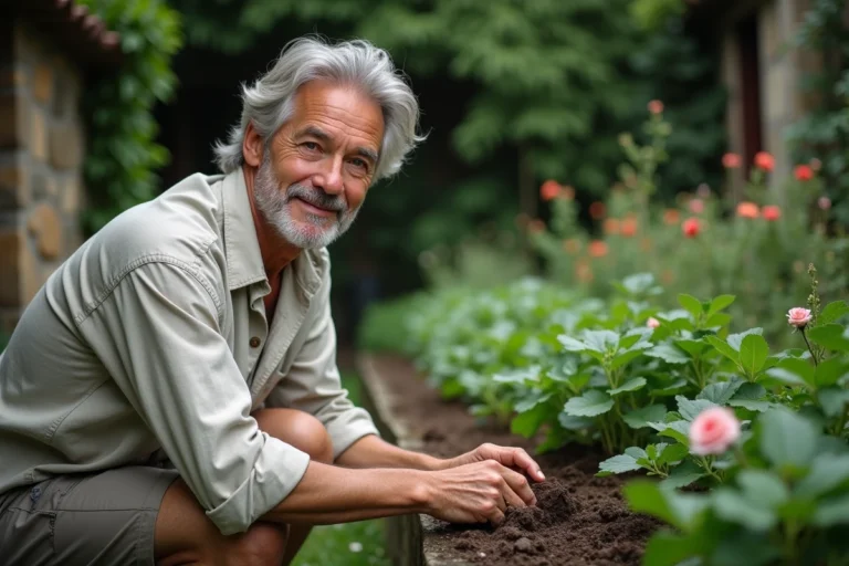 Stéphane Marie jardinier célèbre dans son jardin privé en train de jardiner avec passion