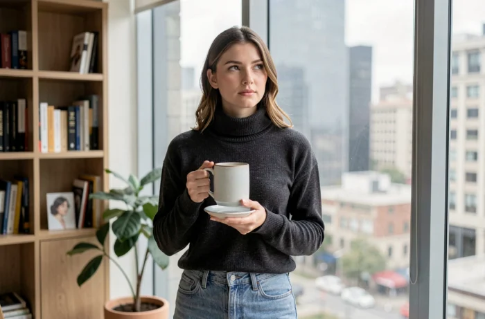 Streameuse inspirante en appartement moderne tenant un café, portrait lifestyle éditorial