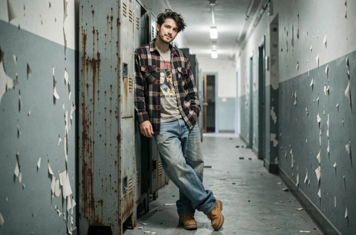 Homme en style grunge années 90 avec chemise à carreaux oversized et jean baggy dans un couloir industriel