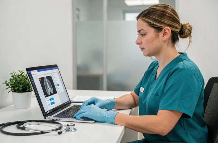 Technicienne médicale téléchargeant des images de patients sur une plateforme sécurisée depuis un bureau hospitalier moderne